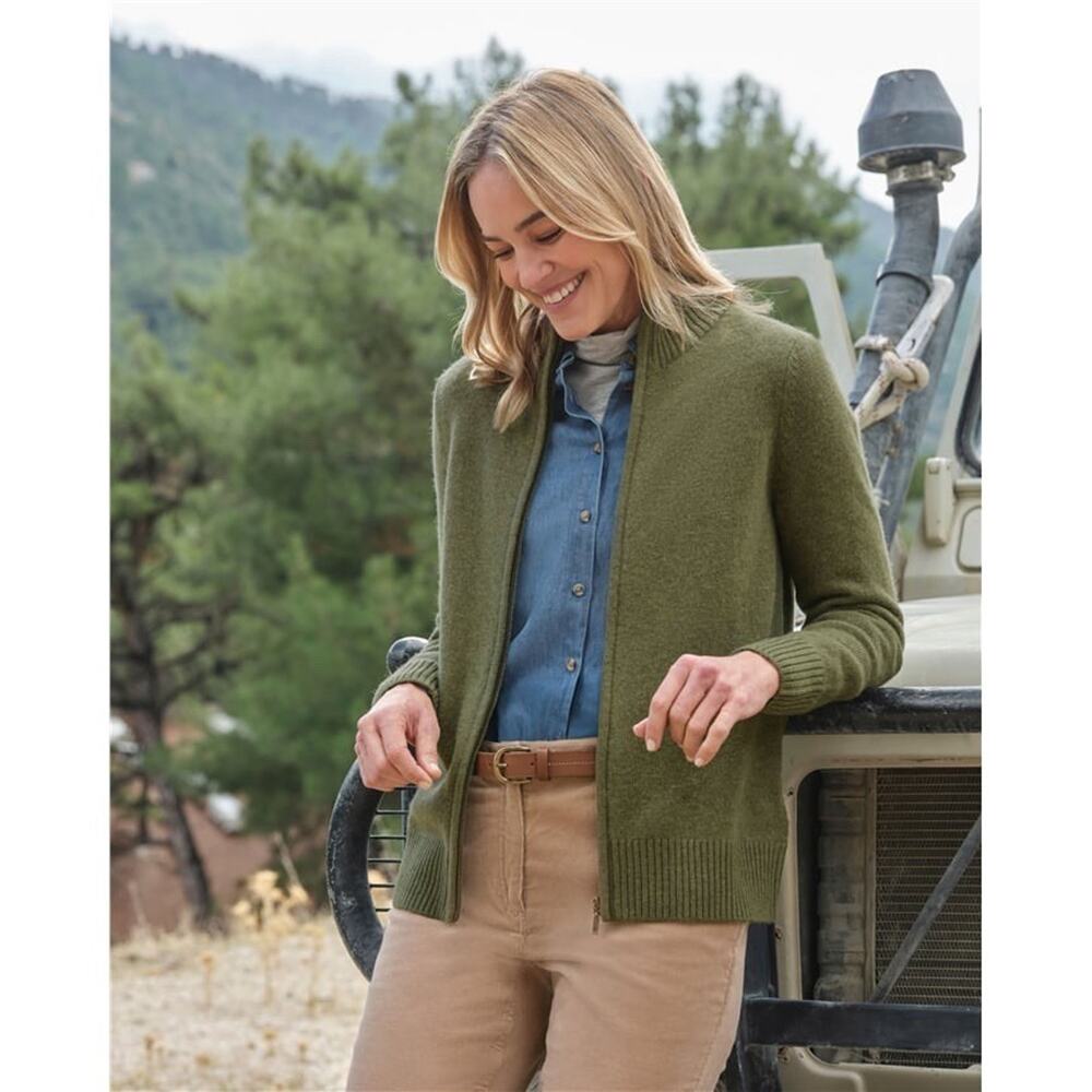 NEW WoolOvers Lambswool Zip Thru Cardigan In Khaki Green Size L NWT